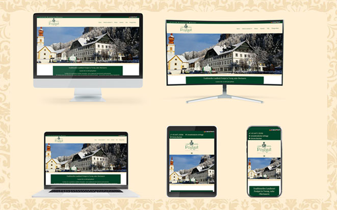 Landhotel Postgut hat eine neue Webseite - eine Vorschau der neuen Homepage, die auf allen Ausgabegeräten responsive dargestellt wird.